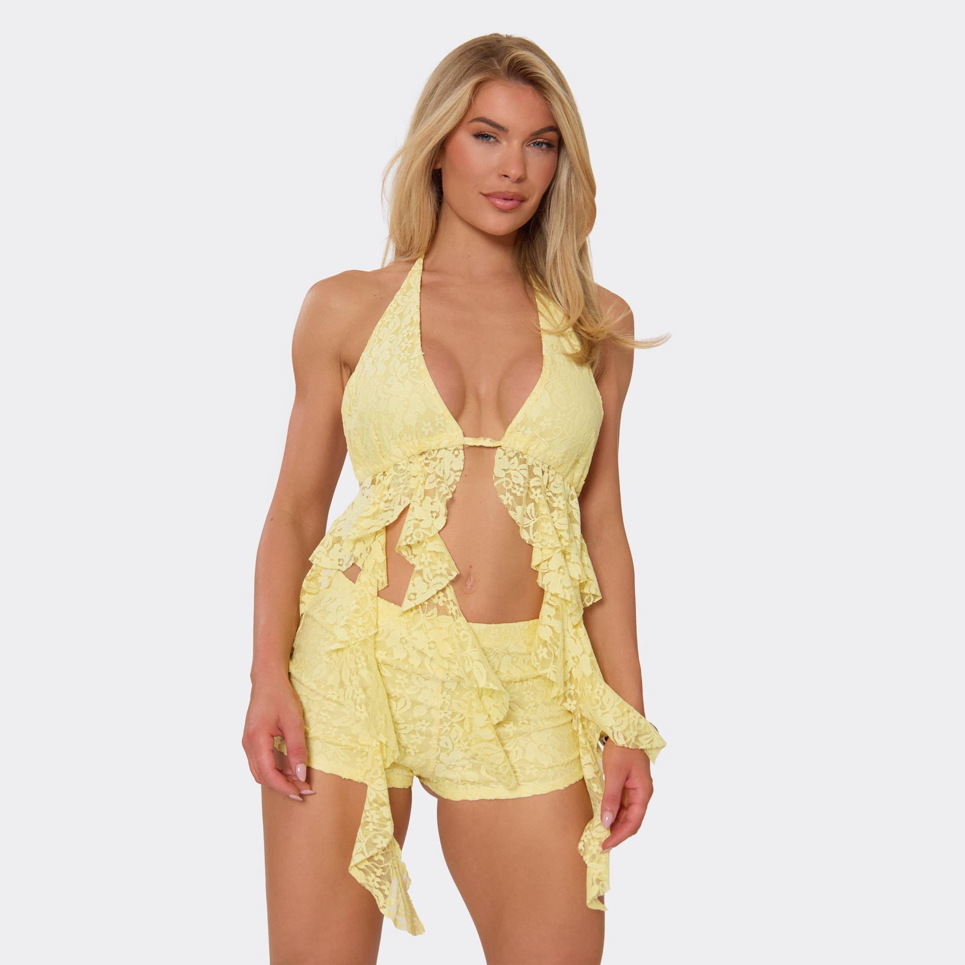 EGO Halterneck Frill Detail Top In Lemon Lace., Women's Size UK 10