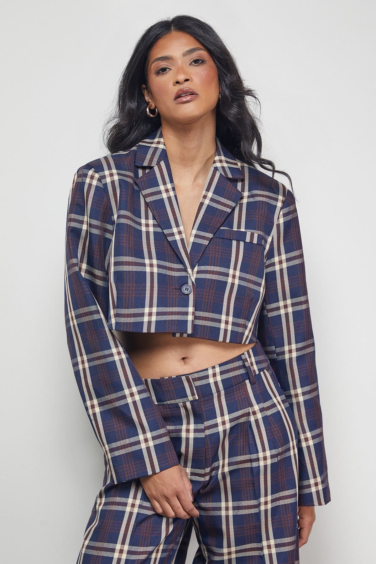 Warehouse Warehouse Women's Navy Check Cropped Blazer Co-ord