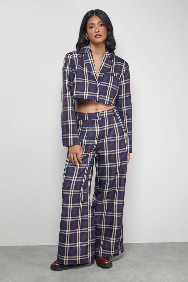 Warehouse Warehouse Women's Navy Check Cropped Blazer Co-ord - 2