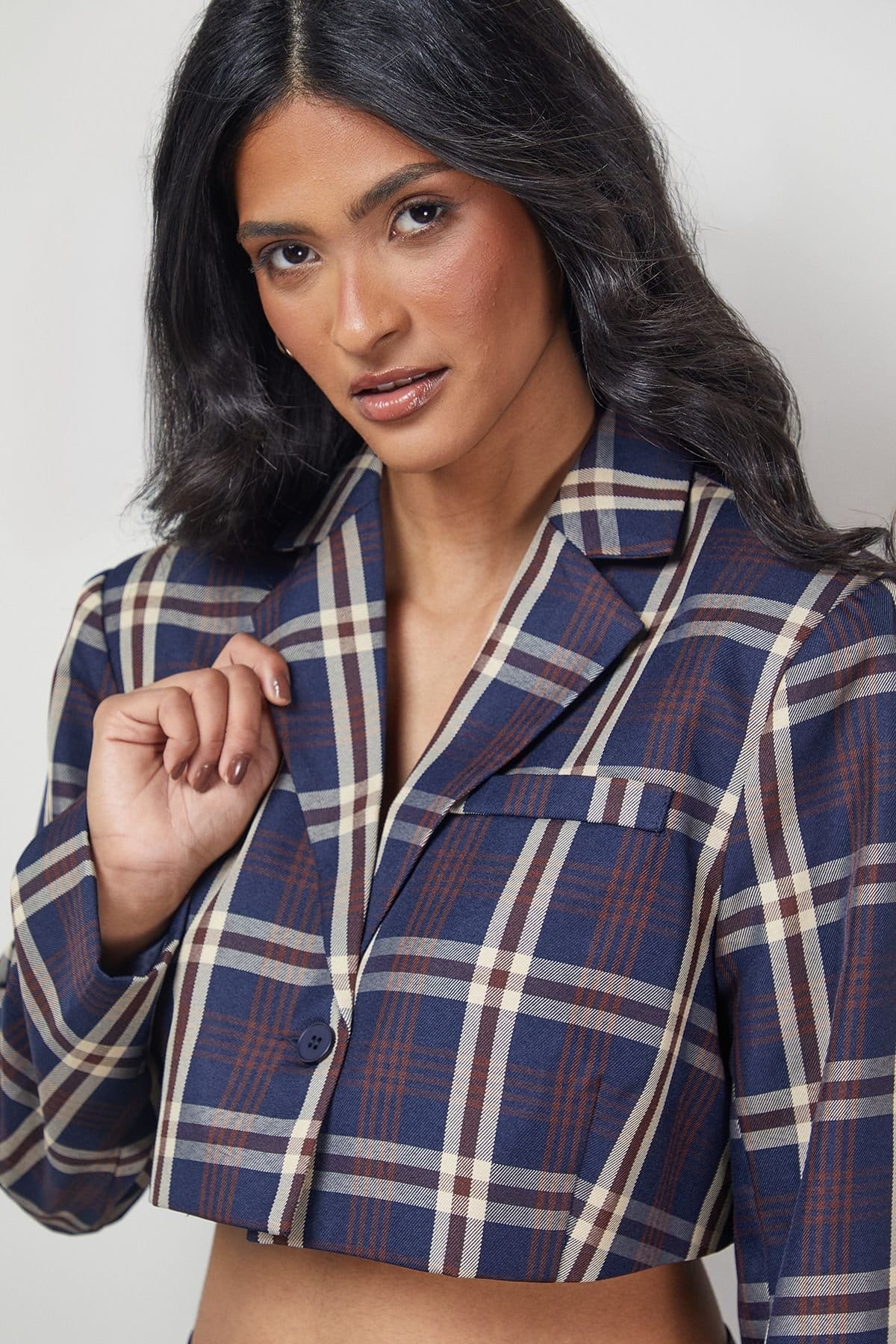 Warehouse Warehouse Women's Navy Check Cropped Blazer Co-ord - 4
