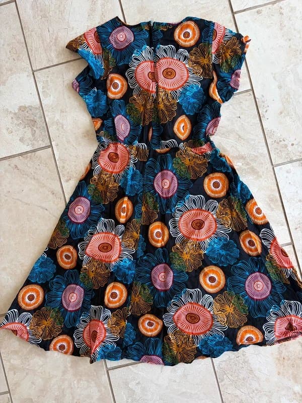 iq limited IQ Limited Abstract Floral Midi Dress UK 10 12 Retro Boho Fit Flare Dress