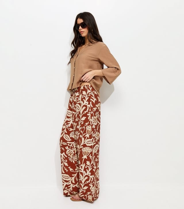 New Look Women's Red Folk Leaf Print Wide Leg Trousers New Look - 3