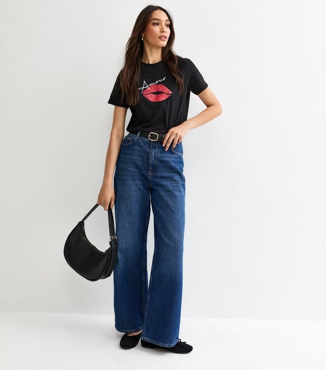 New Look Women's Black Amour Lips Print T-Shirt New Look - 3