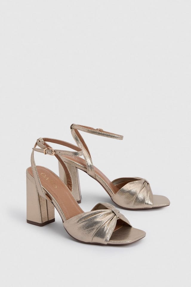 Oasis Oasis Women's Midyim Metallic Textile Ruched Front High Heel Block Heel Sandals in Gold - 3