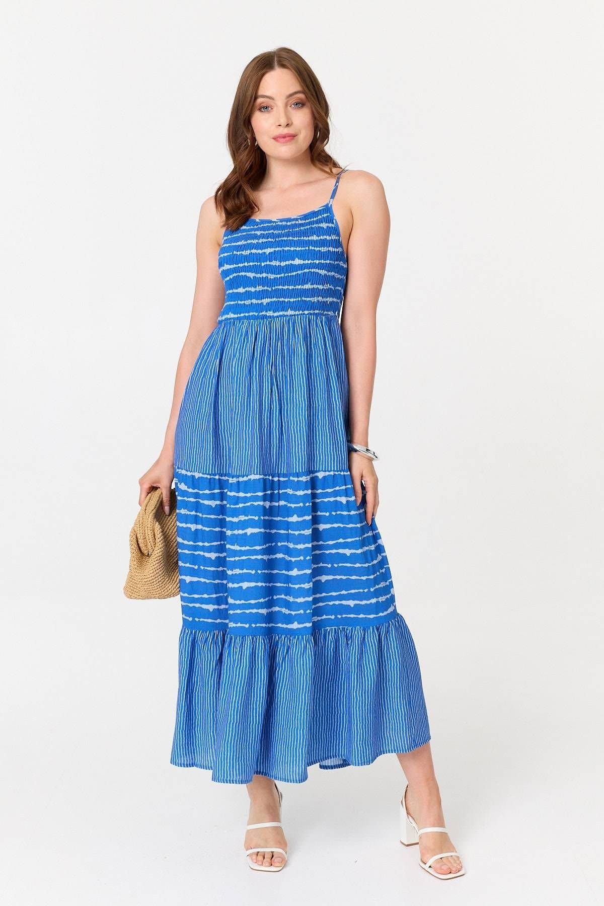 Izabel London Izabel London Women's Striped Cami Strap Shirred Maxi Dress in Blue