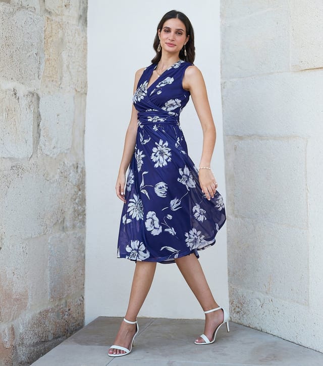 Yumi Women's Blue Floral Sleeveless Floral Wrap Midi Dress Yumi New Look - 2