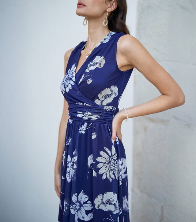 Yumi Women's Blue Floral Sleeveless Floral Wrap Midi Dress Yumi New Look - 3