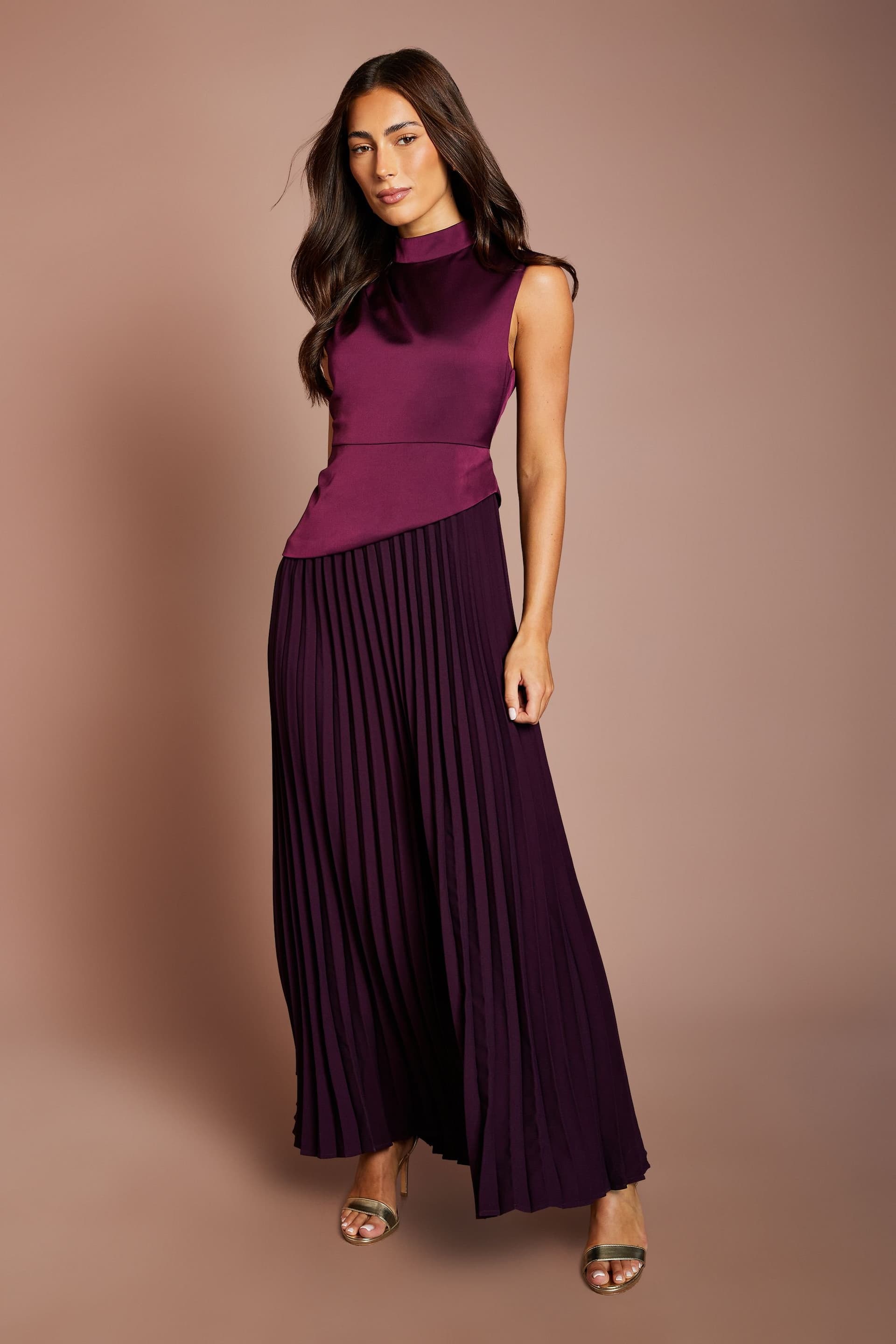 Coast Coast Women's Petite Drape High Neck Pleated Skirt Maxi Dress in Fig