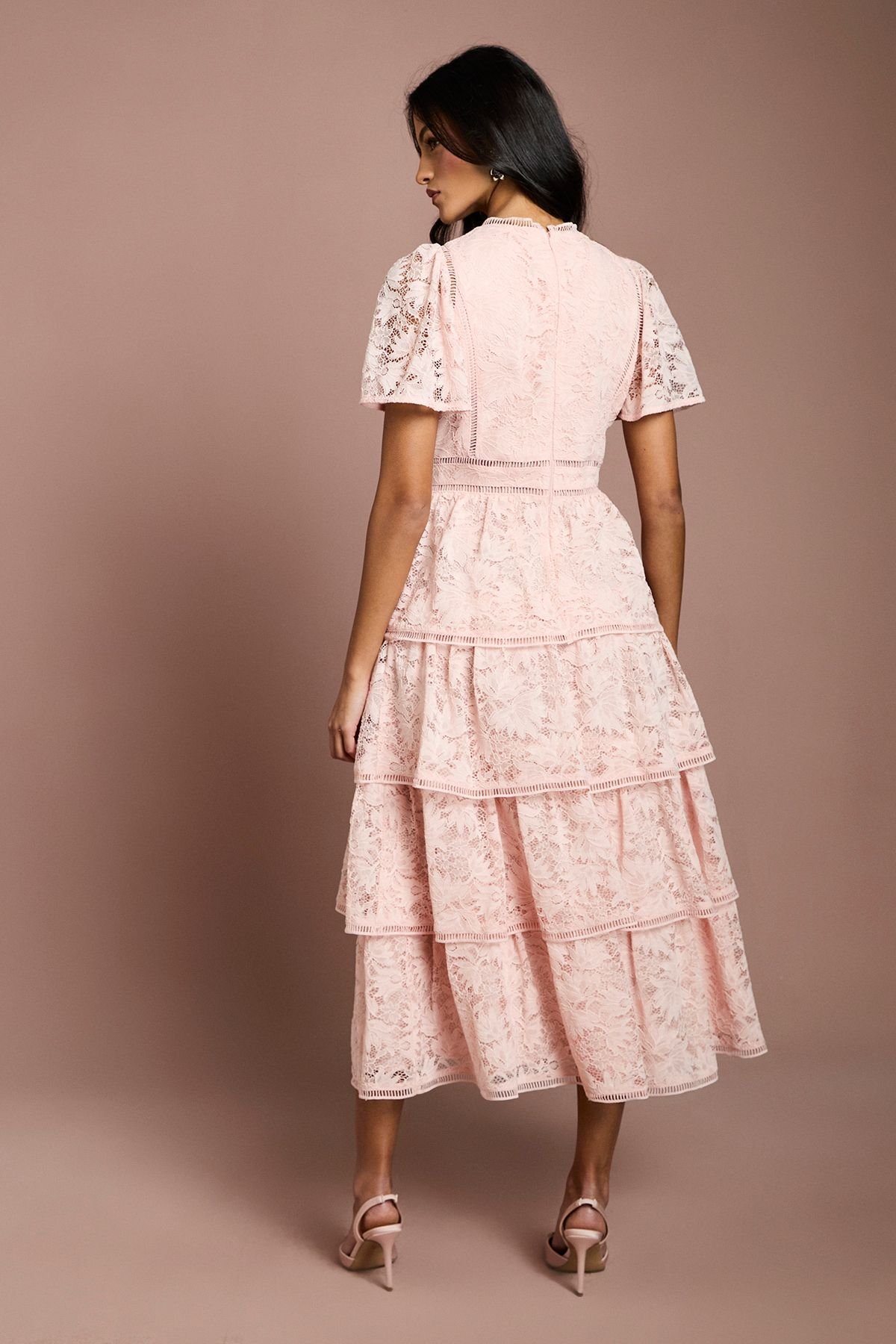 Coast Coast Women's Petite Tiered Lace Dress With Flutter Sleeve & Trims in Blush - 3