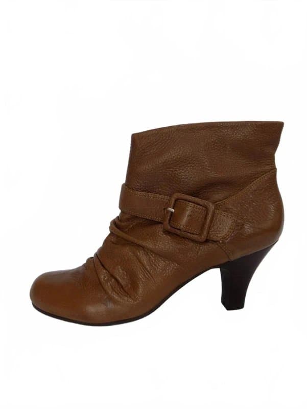Faith Faith Boots Brown Ankle UK 8 Womens Tan Leather Block Heel Pull On Ruched Smart