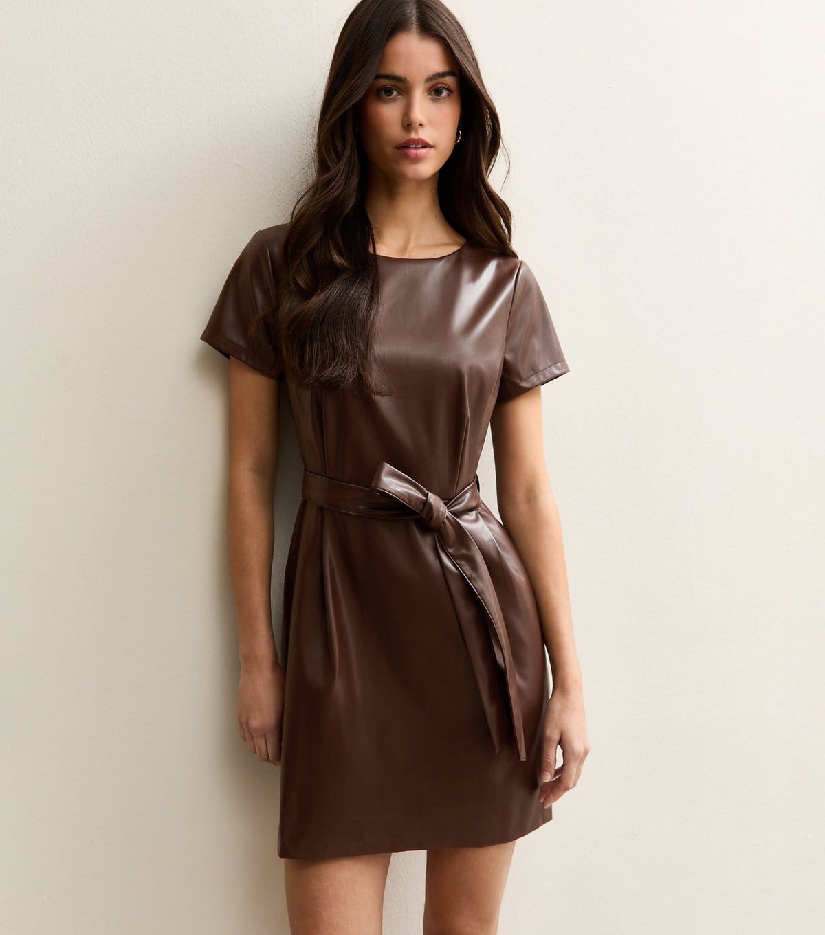 New Look Dark Brown Faux Leather Belted Mini Dress