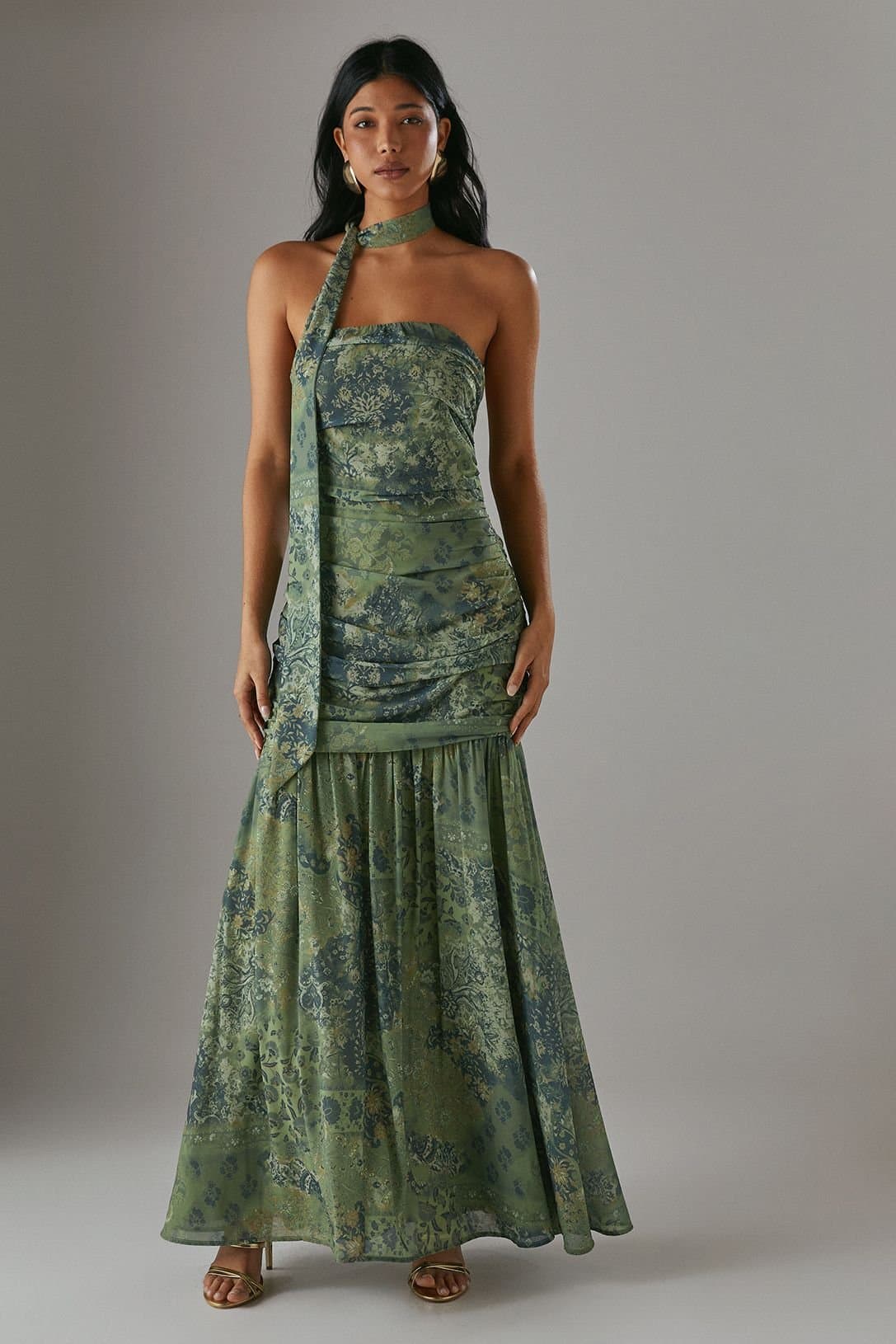 Warehouse Warehouse Women's Chiffon Neck Tie Bandeau Ruched Maxi Dress in Khaki