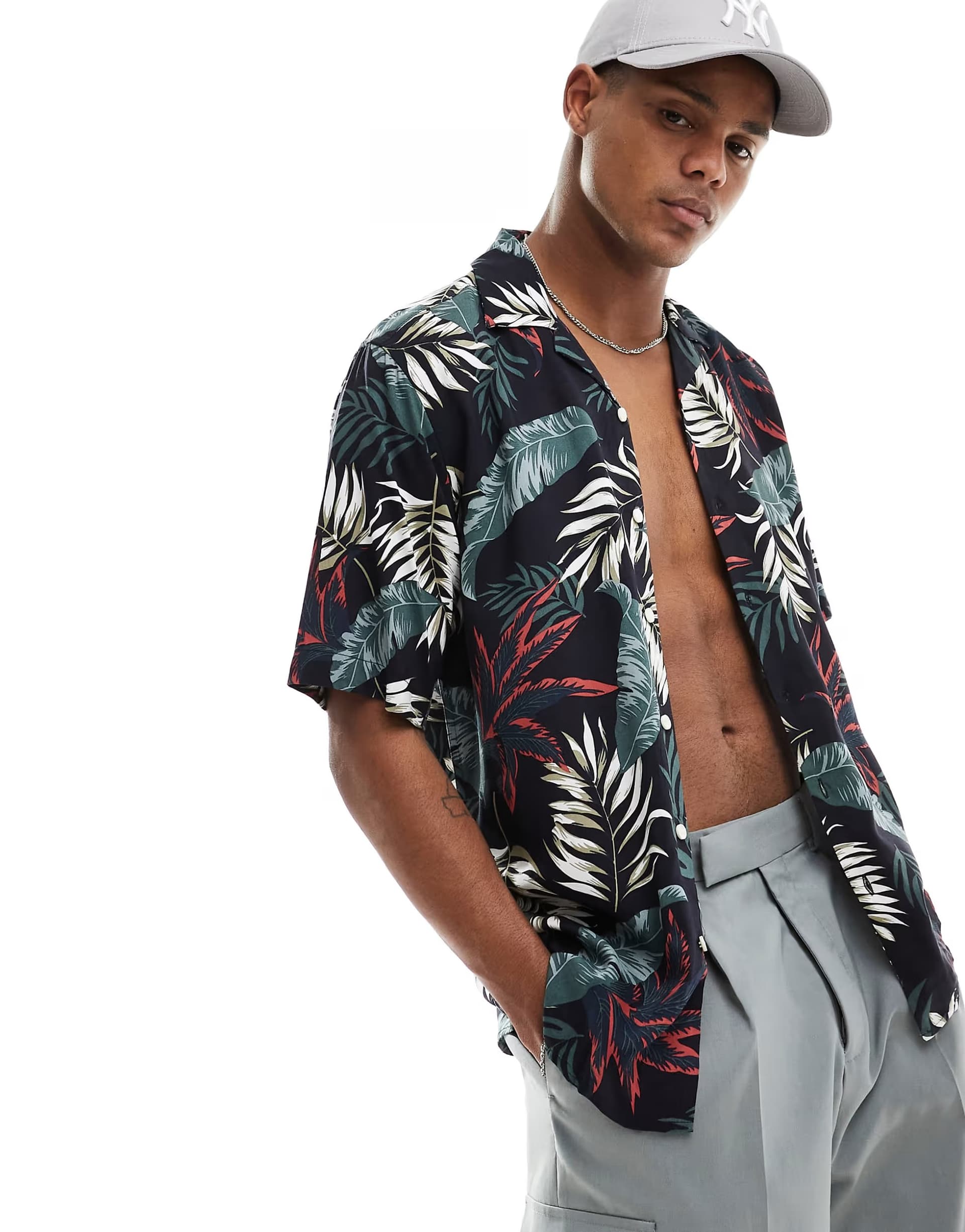 ASOS ONLY & SONS revere collar regular fit viscose shirt in black leaf print