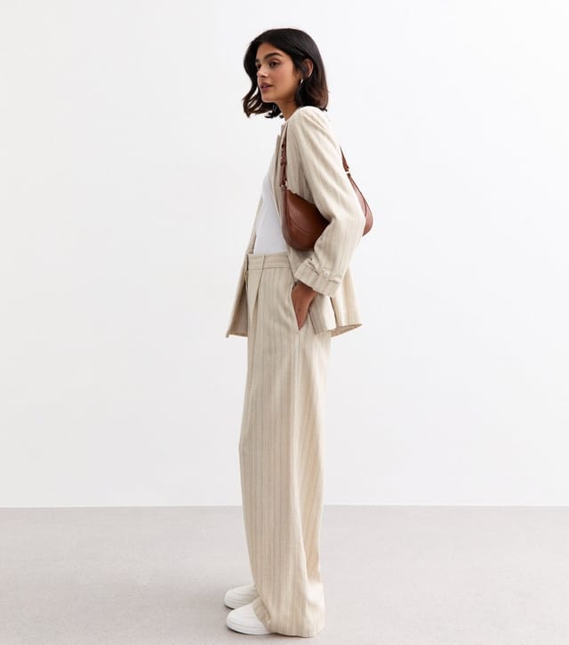 New Look Women's Cream Striped Wide Leg Tailored Trousers New Look - 3