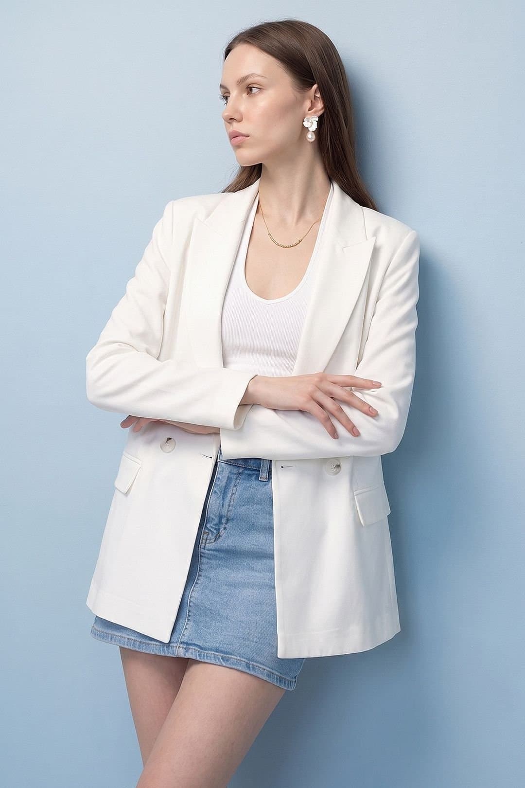 Dilvin Dilvin Women's Long Satin Shawl-collar Blazer in Off-White