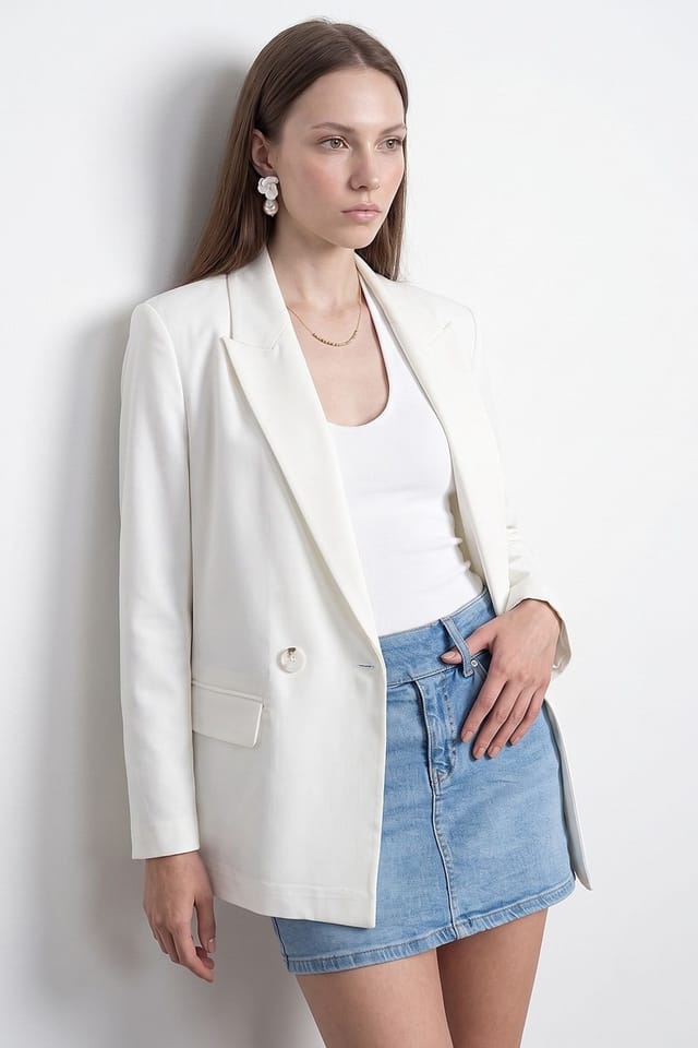 Dilvin Dilvin Women's Long Satin Shawl-collar Blazer in Off-White - 2