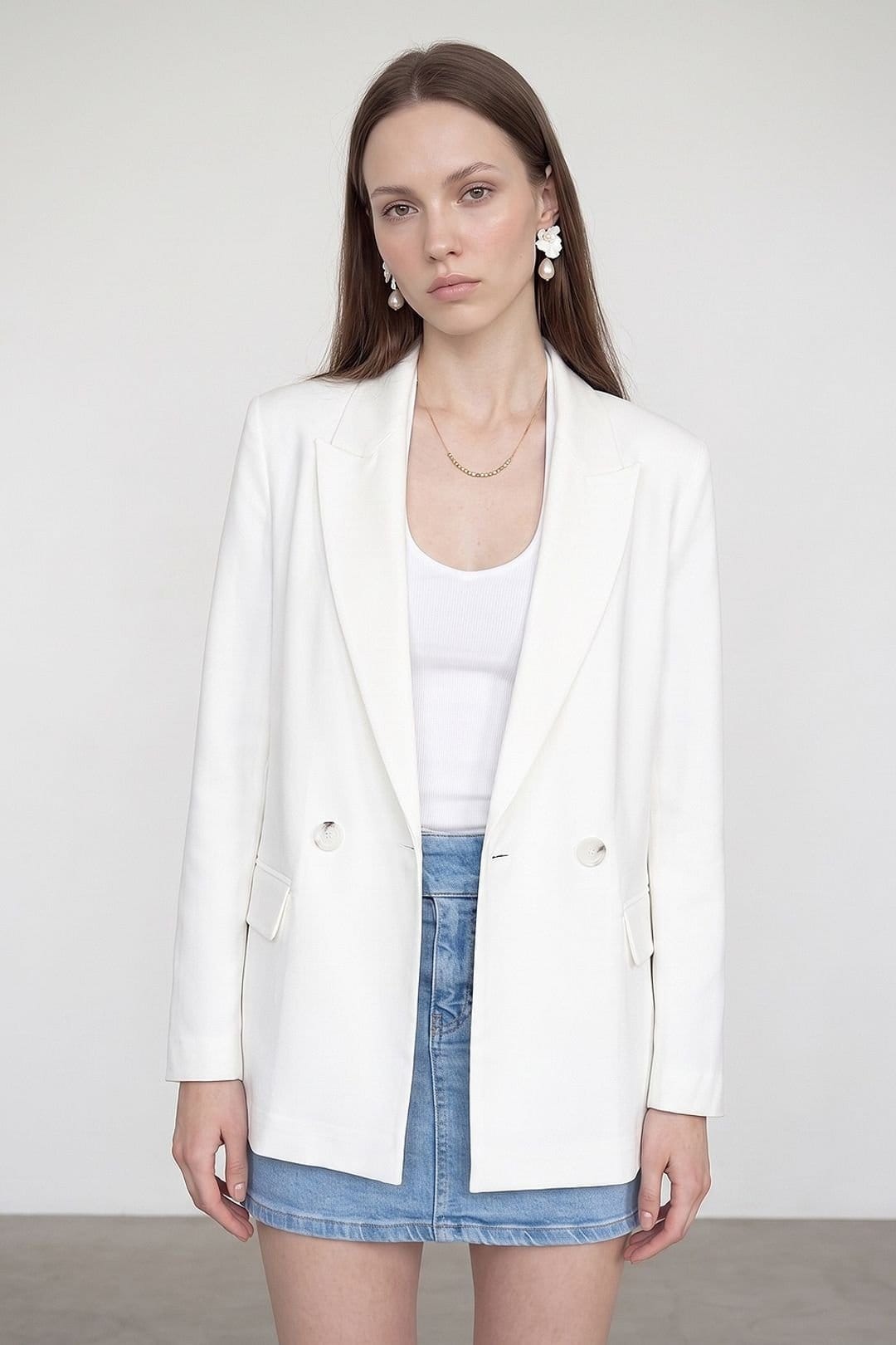 Dilvin Dilvin Women's Long Satin Shawl-collar Blazer in Off-White - 4