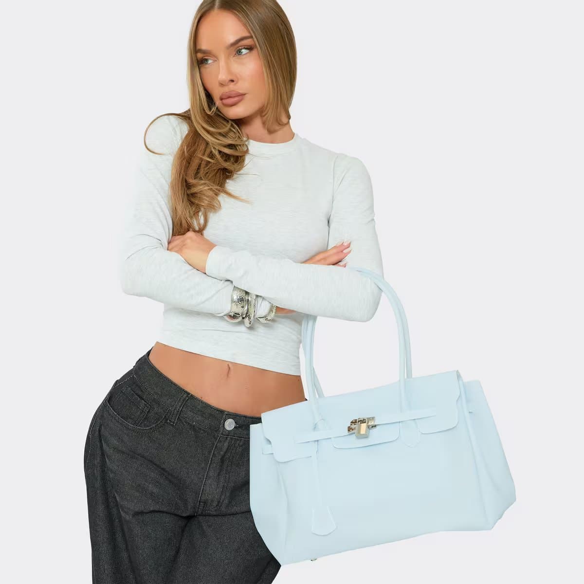 EGO Ellar Lock Detail Tote Bag In Blue Rubber, Women's Size UK 0