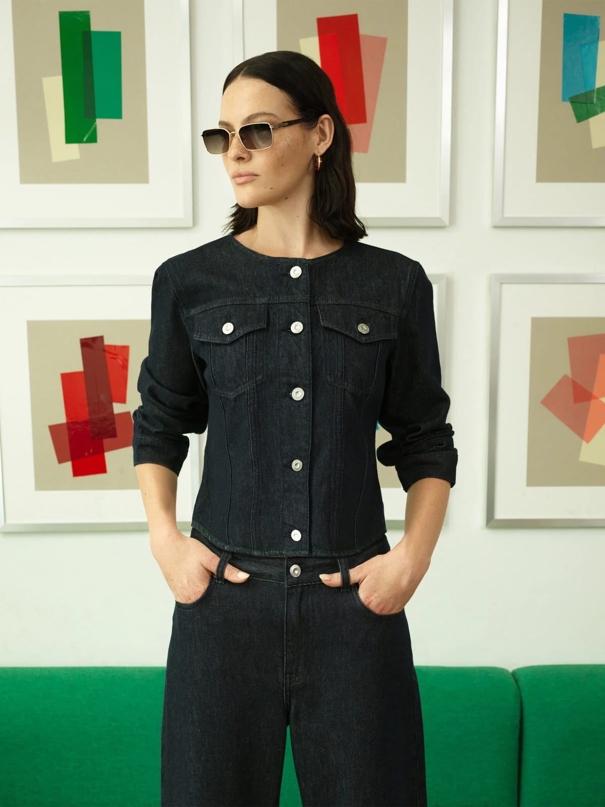French Connection Collarless Fitted Dark Wash Blue Denim Jacket Raw Indigo - 1