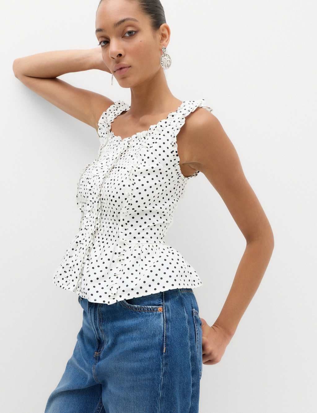 Marks & Spencer M&S Pure Cotton Polka Dot Ruffle Detail Peplum Top White Mix
