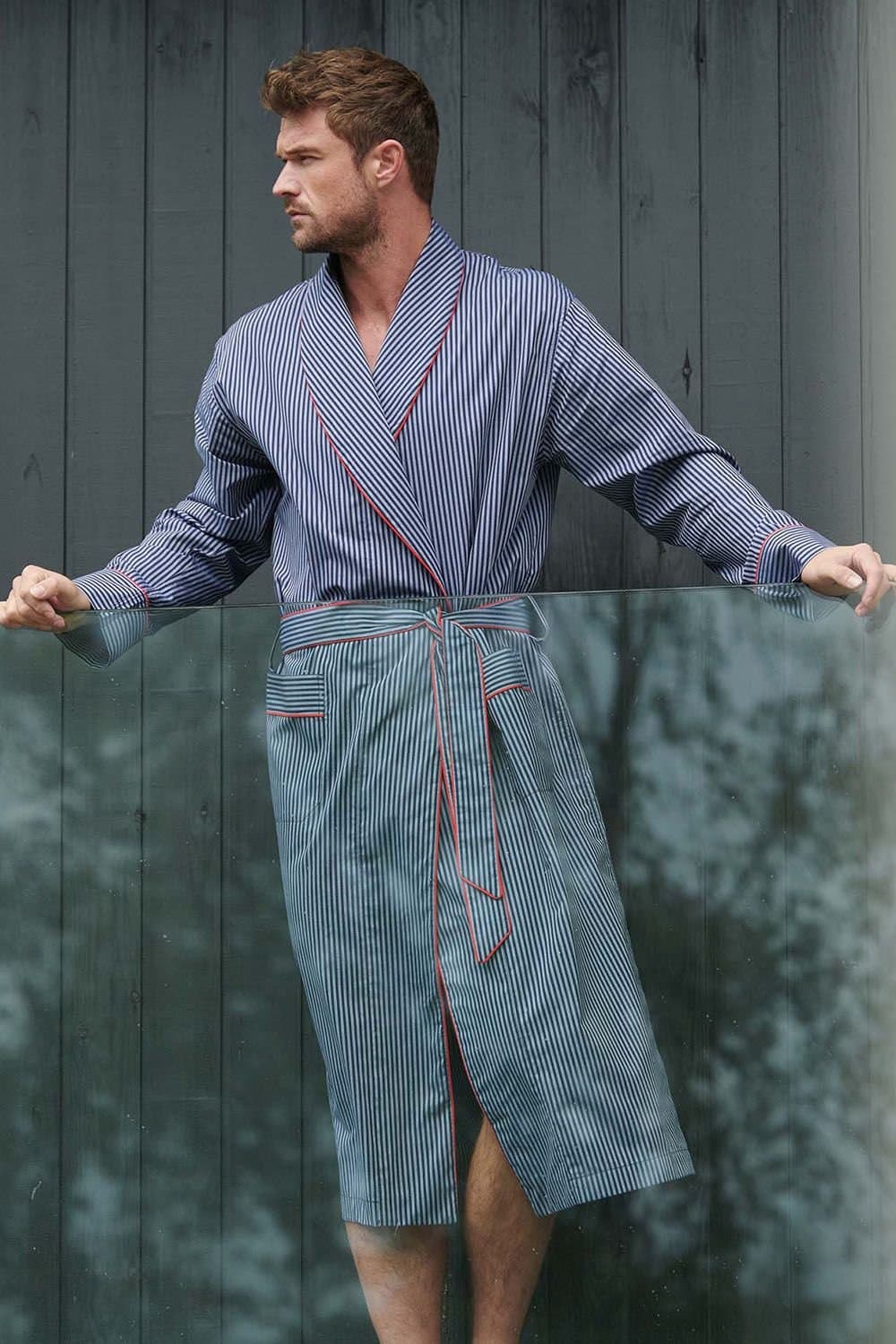 British Boxers British Boxers Men's "Winchester" Stripe Crisp Cotton Dressing Gown in Navy