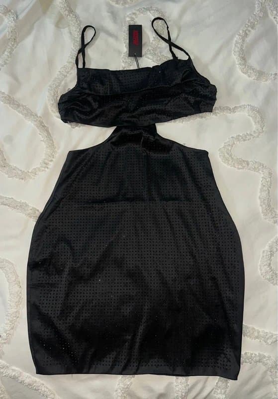 Misspap MissPap Premium Satin Diamante Cut Out Strappy Mini Dress in black, waist cut-outs.