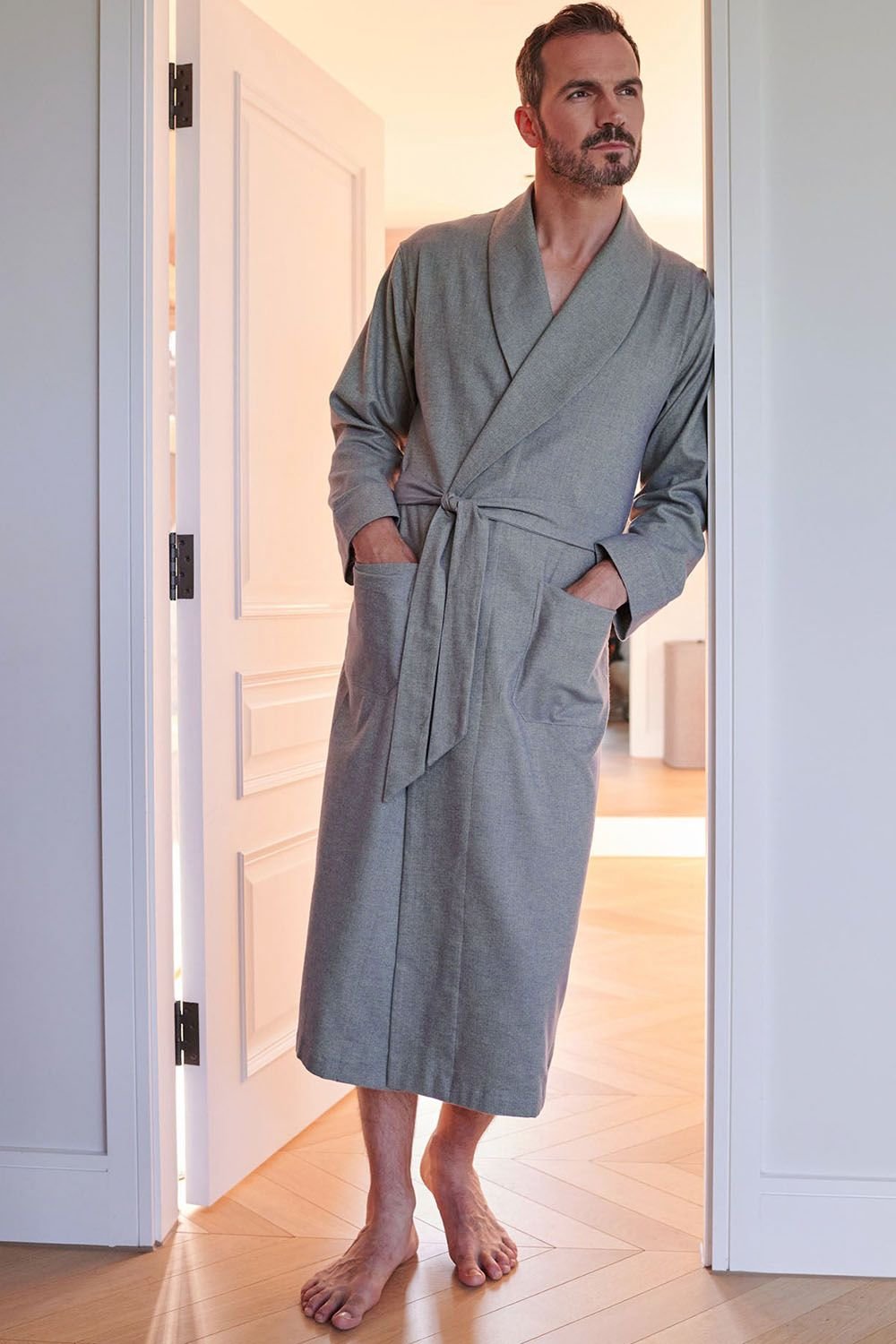 British Boxers British Boxers Men's "Orkney" Herringbone Brushed Cotton Dressing Gown in Pale Green - 2