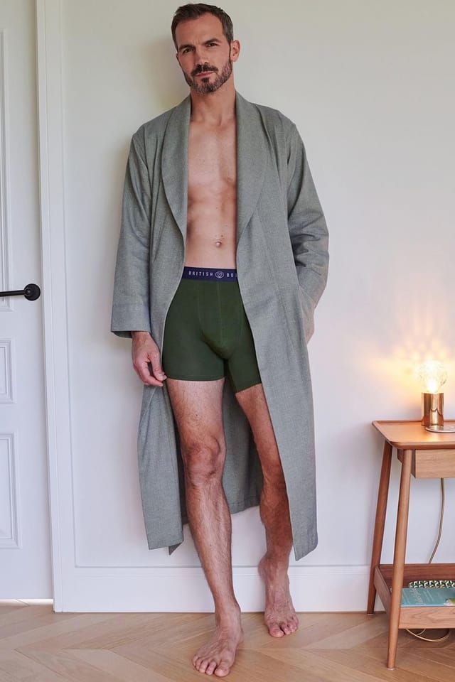 British Boxers British Boxers Men's "Orkney" Herringbone Brushed Cotton Dressing Gown in Pale Green - 2