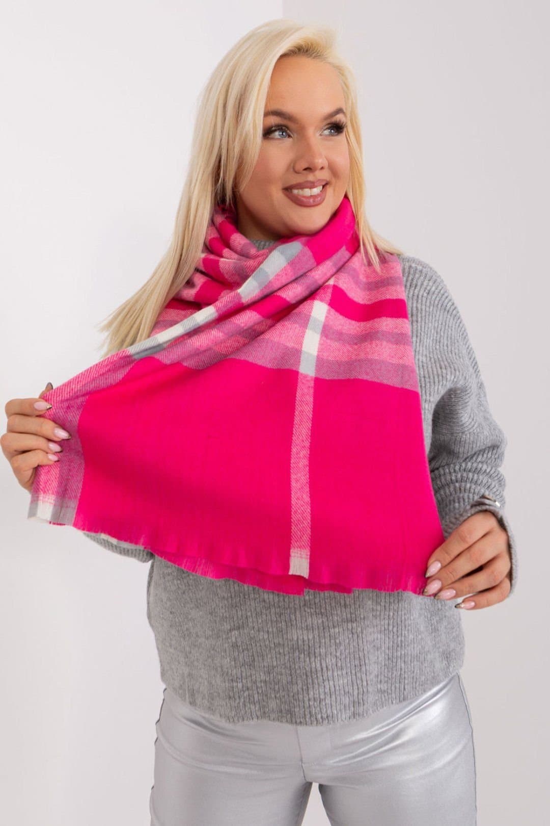 Love Lace Love Lace Bright Pink Plaid Polyester Scarf for Fall & Winter