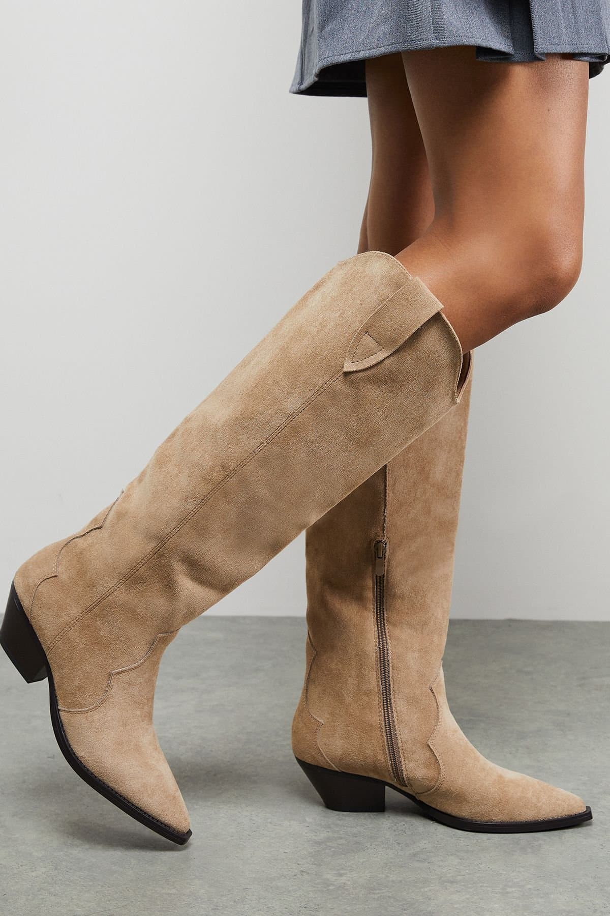 Faith Faith Women's : Cali Faux Suede Low Heel Western Knee Boots in Beige