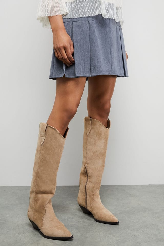 Faith Faith Women's : Cali Faux Suede Low Heel Western Knee Boots in Beige - 2