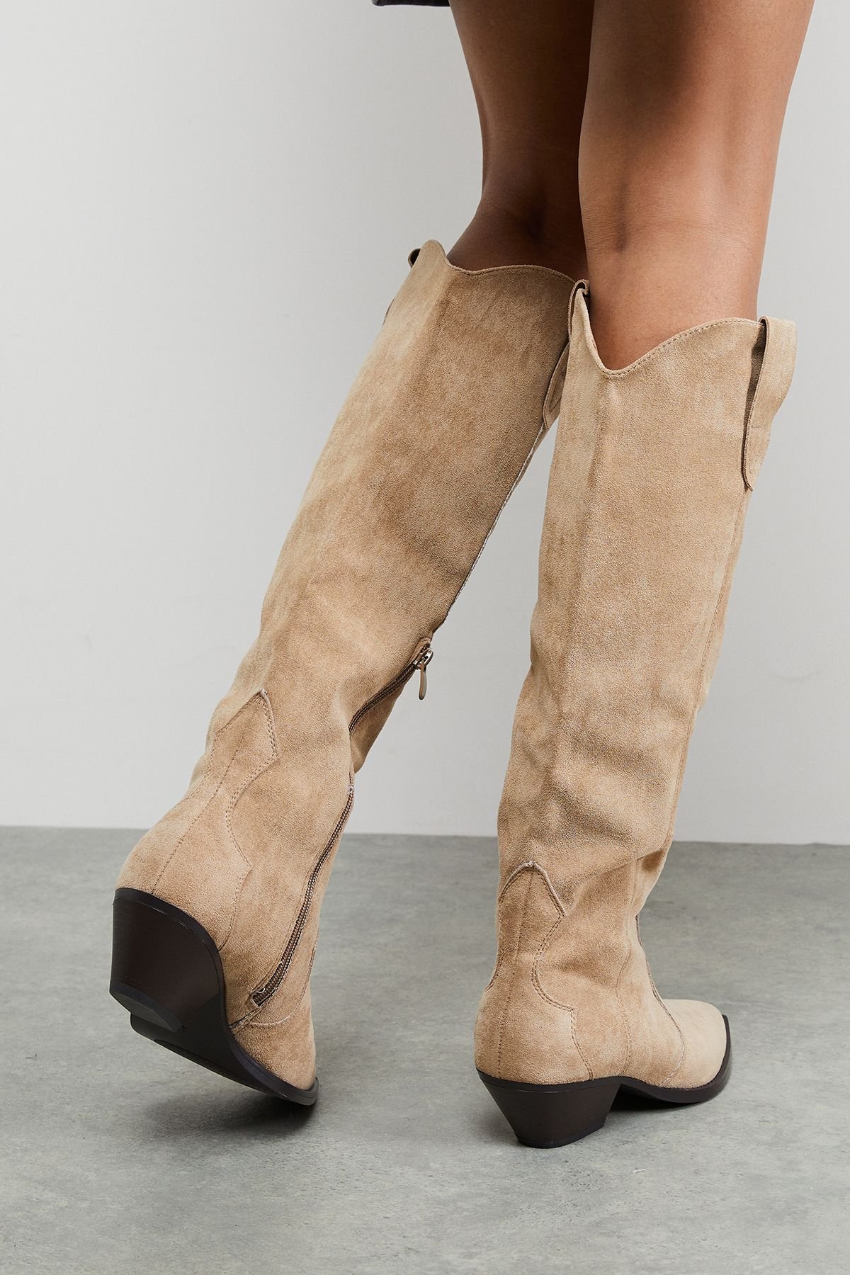 Faith Faith Women's : Cali Faux Suede Low Heel Western Knee Boots in Beige - 3