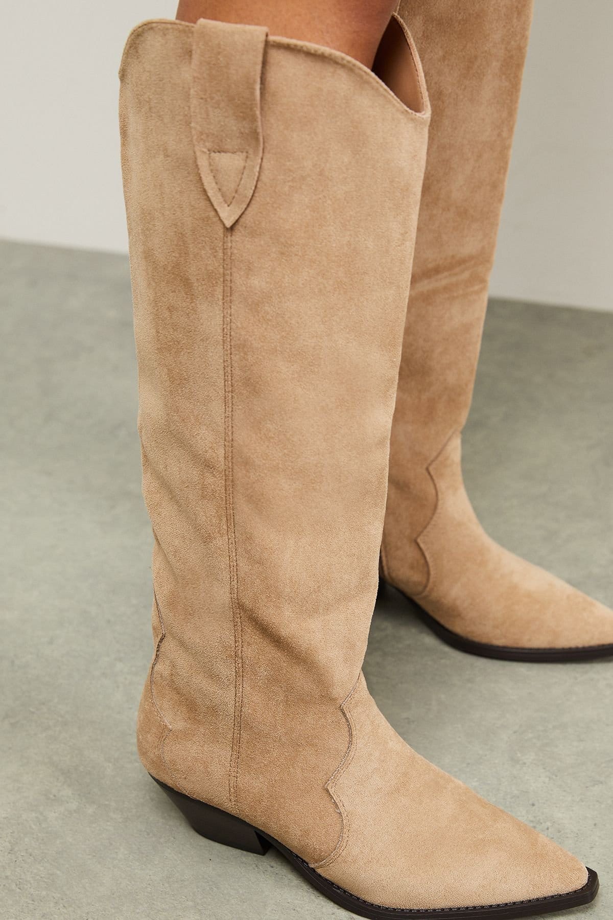 Faith Faith Women's : Cali Faux Suede Low Heel Western Knee Boots in Beige - 4