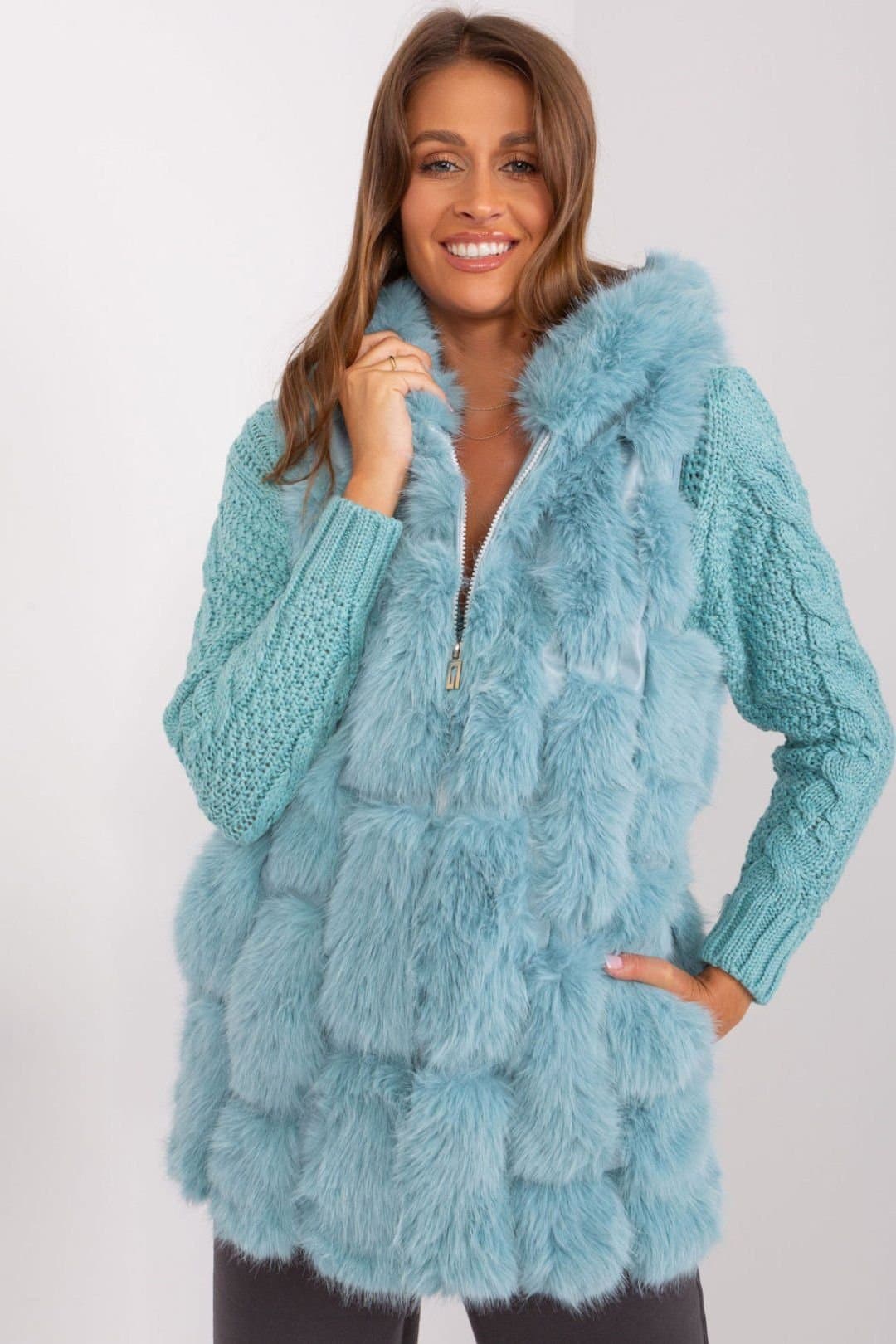Love Lace Love Lace Women's Hooded Faux Fur Polyester Vest with Pockets Style 187595 in Aqua