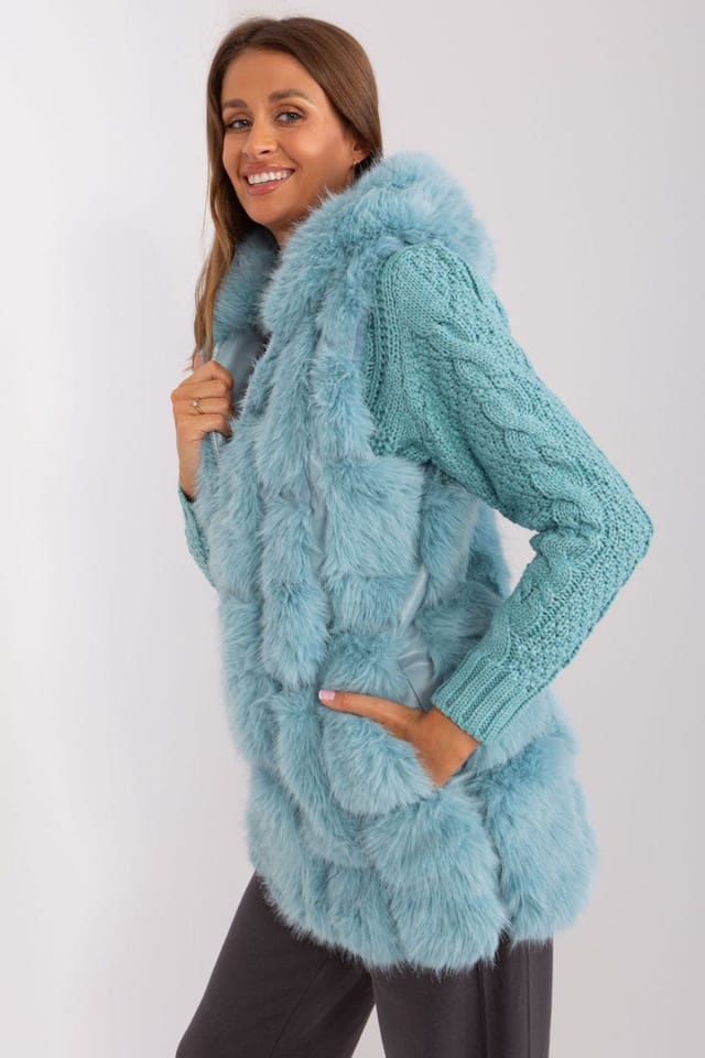 Love Lace Love Lace Women's Hooded Faux Fur Polyester Vest with Pockets Style 187595 in Aqua - 2
