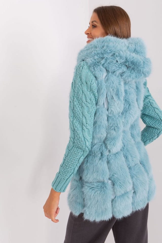 Love Lace Love Lace Women's Hooded Faux Fur Polyester Vest with Pockets Style 187595 in Aqua - 3