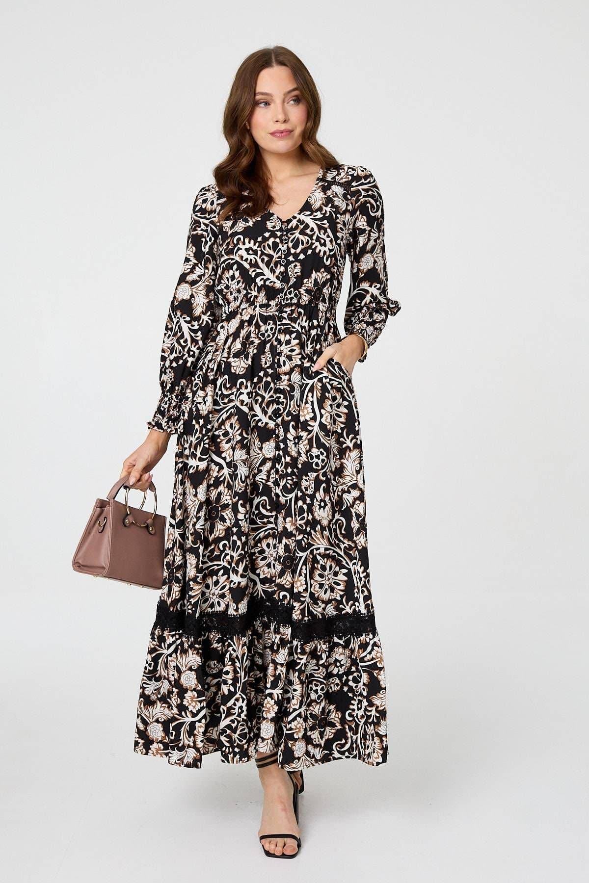 Izabel London Izabel London Women's Floral Lace Trim Long Sleeve Maxi Dress