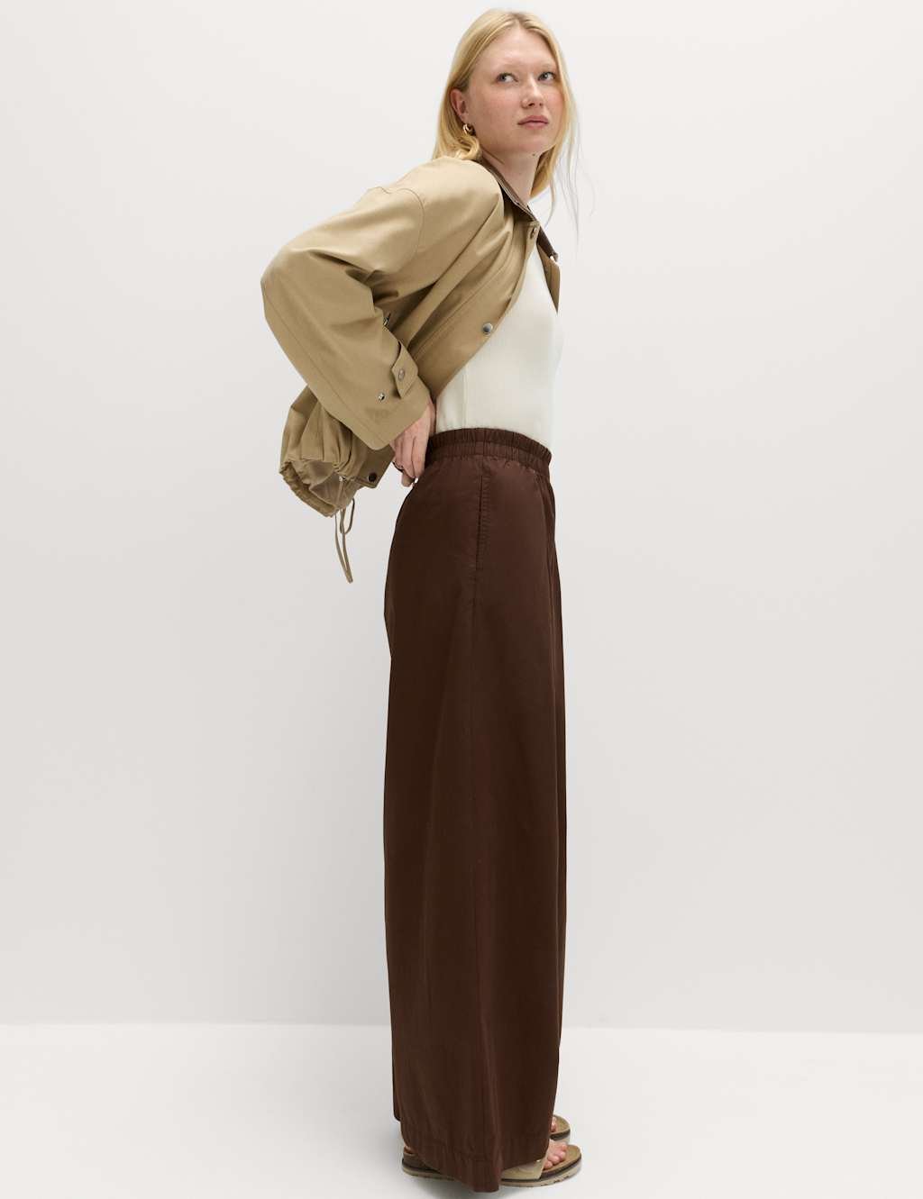 Marks & Spencer M&S Pure Cotton Poplin Pull On Super Wide Leg Trousers Bitter Chocolate - 2