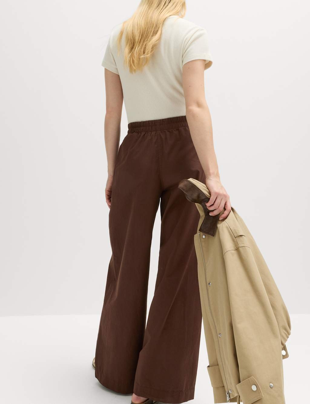 Marks & Spencer M&S Pure Cotton Poplin Pull On Super Wide Leg Trousers Bitter Chocolate - 3