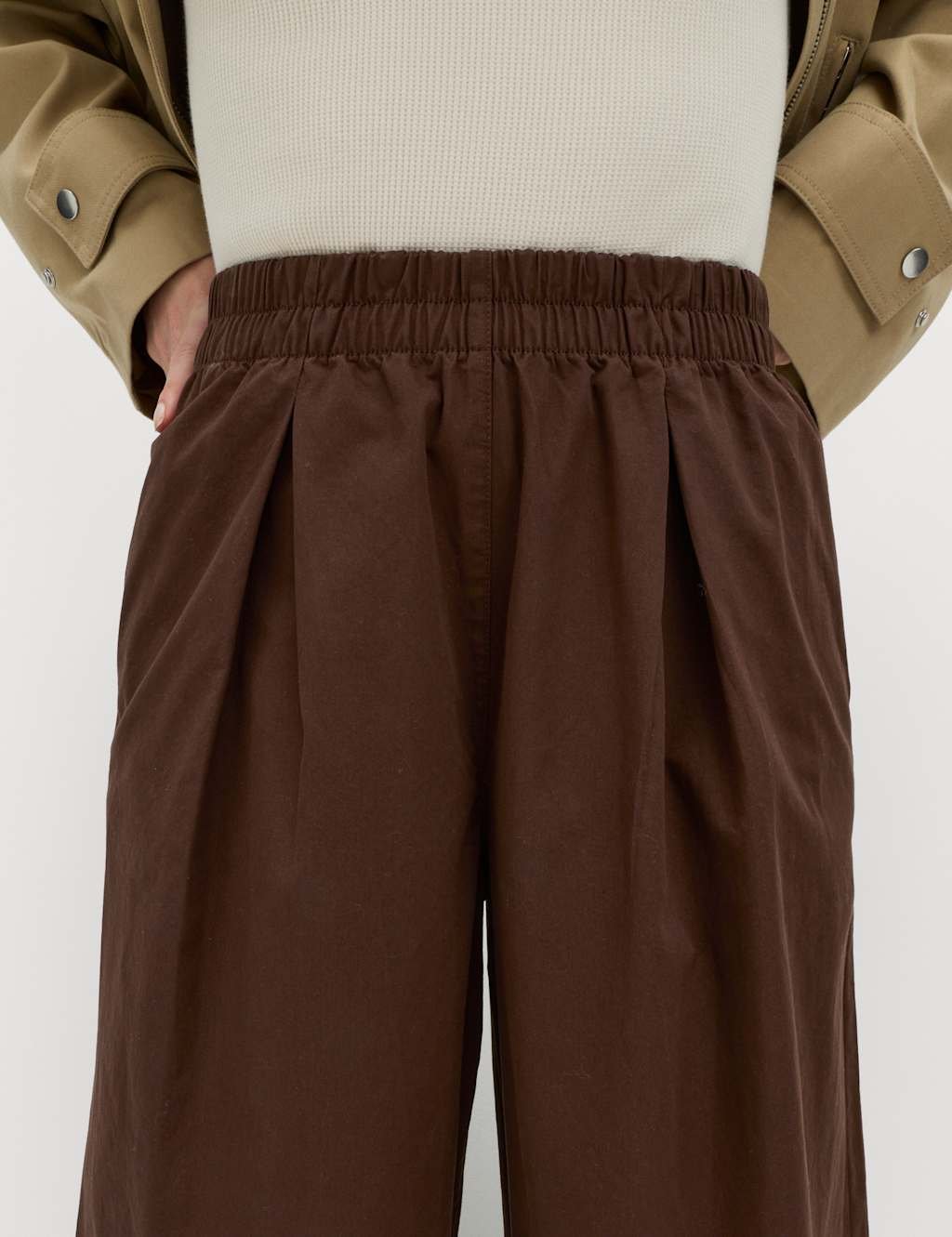 Marks & Spencer M&S Pure Cotton Poplin Pull On Super Wide Leg Trousers Bitter Chocolate - 4