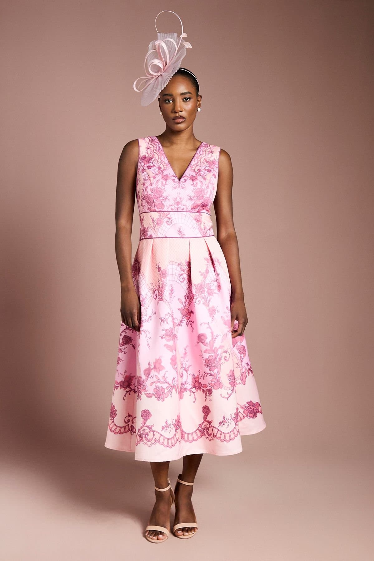 Coast Coast Women's V Neck Structured Satin Placement Print Midi Dress in Coral