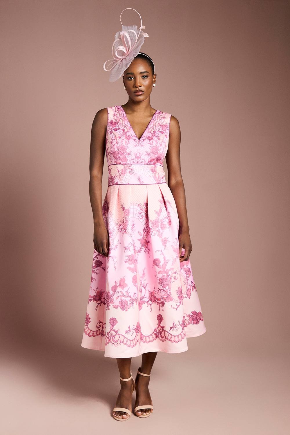 Coast Coast Women's V Neck Structured Satin Placement Print Midi Dress in Coral - 2