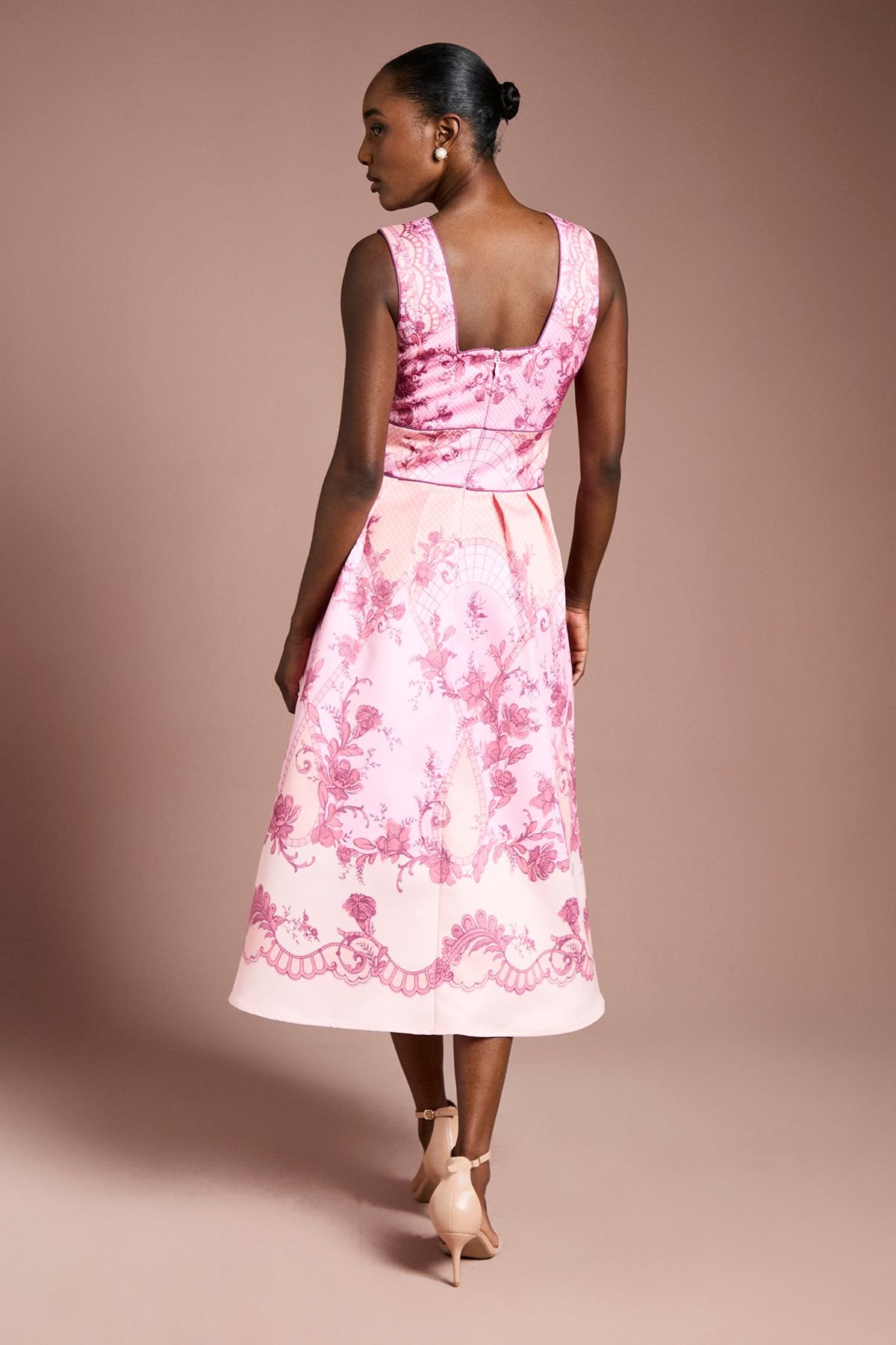 Coast Coast Women's V Neck Structured Satin Placement Print Midi Dress in Coral - 3