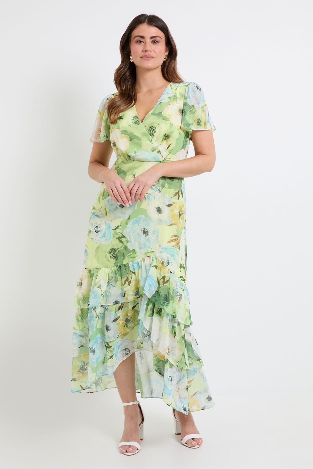 Wallis Wallis Women's Floral Ruffle Hem Midi Dress in Green