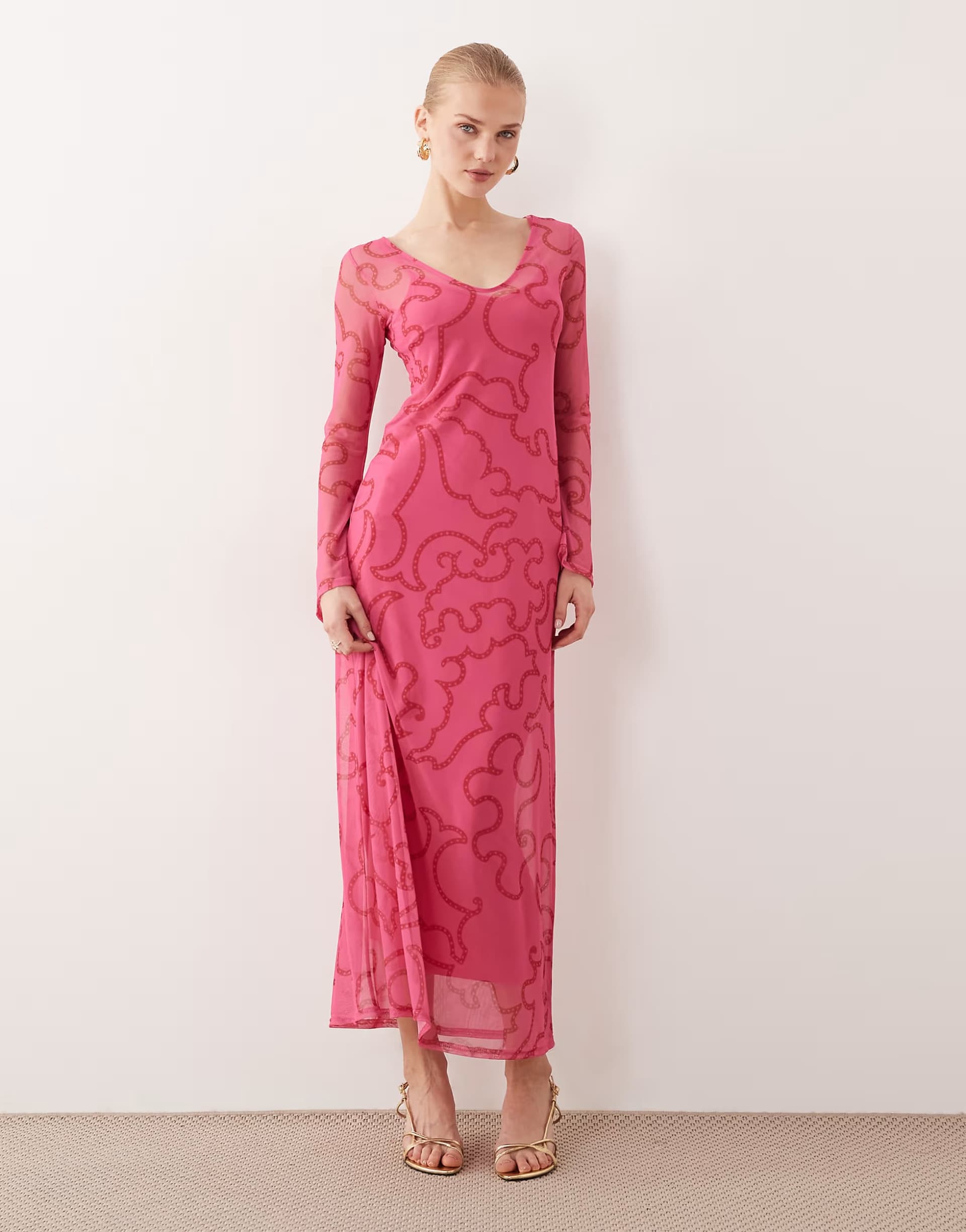 ASOS Never Fully Dressed v neck mesh maxi dress in pink