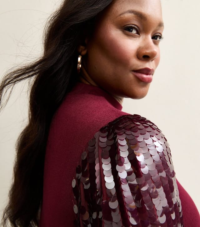 New Look Women's Plus Size Dark Burgundy Soft Touch Sequin Sleeve Top Curves New Look - 2