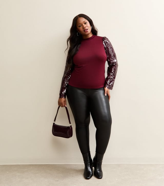 New Look Women's Plus Size Dark Burgundy Soft Touch Sequin Sleeve Top Curves New Look - 3