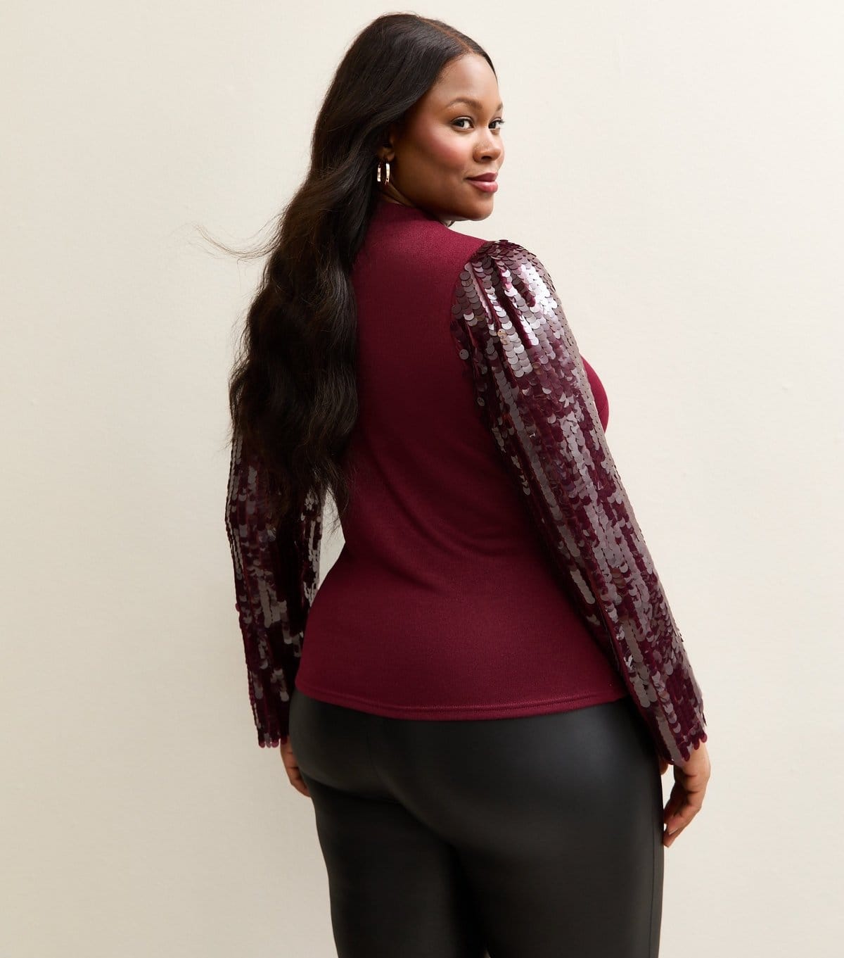 New Look Women's Plus Size Dark Burgundy Soft Touch Sequin Sleeve Top Curves New Look - 4