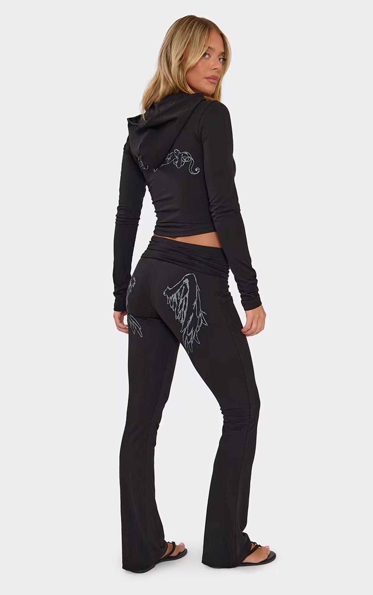 EGO Fold Over Contrast Graphic Detail Flared Leg Joggers In Black, Women's Size UK 6