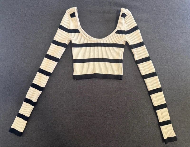 Bershka Bershka Light Brown & Black Striped Ribbed Knit Long Sleeve Crop Top - Size XS